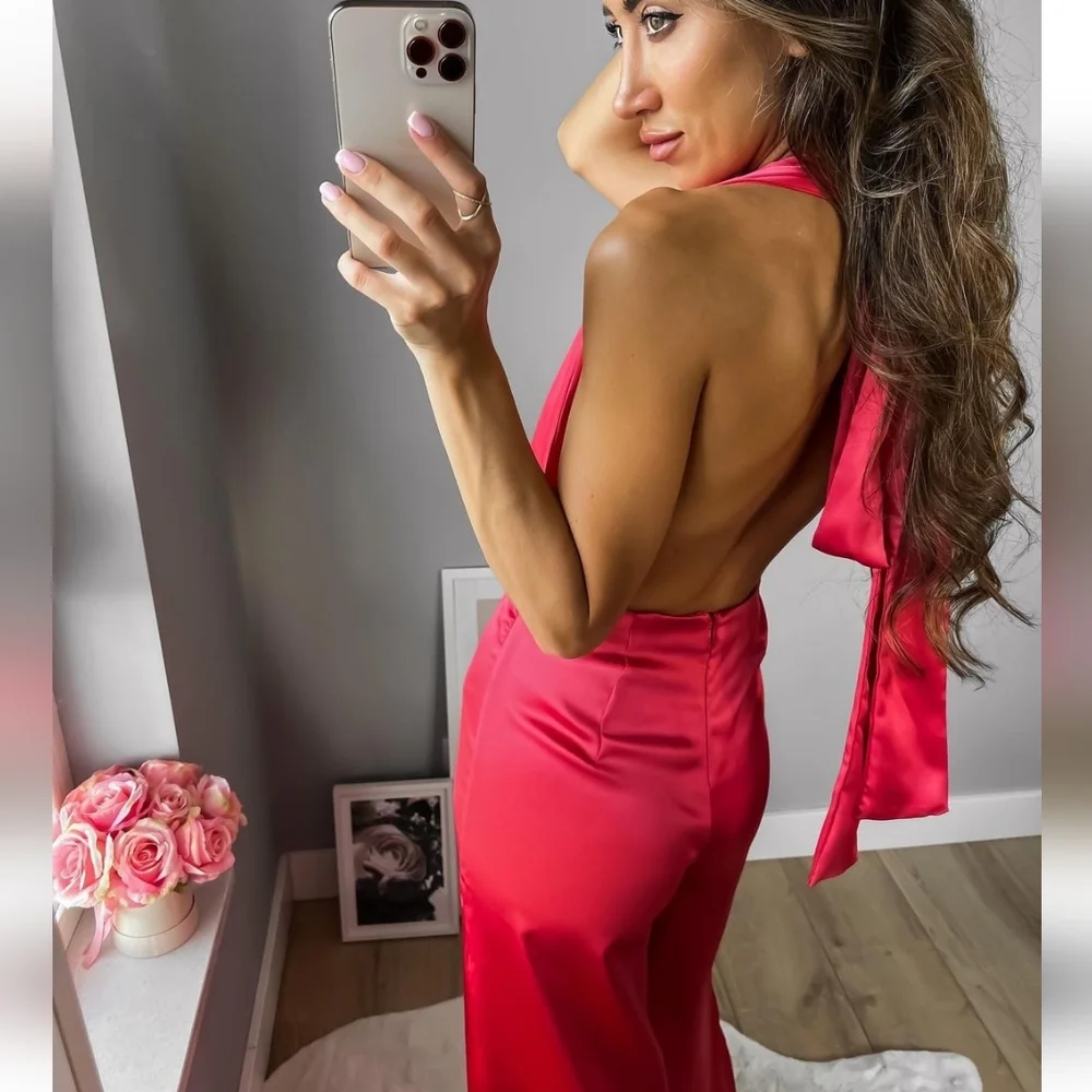 Zara * Satin Effect Jumpsuit Wide Leg Pink Long Size XS